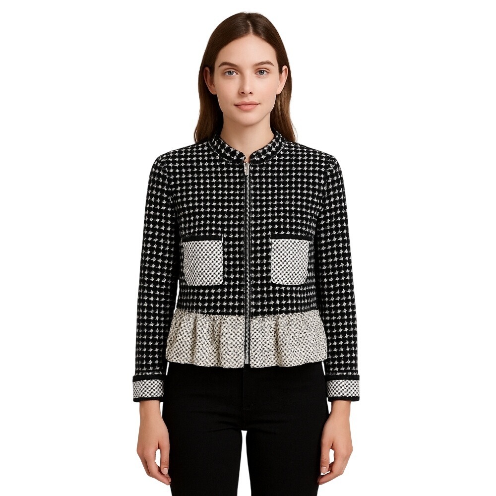 Soiree‎ Black White Houndstooth Peplum Zip Up Jacket Women's Size Medium